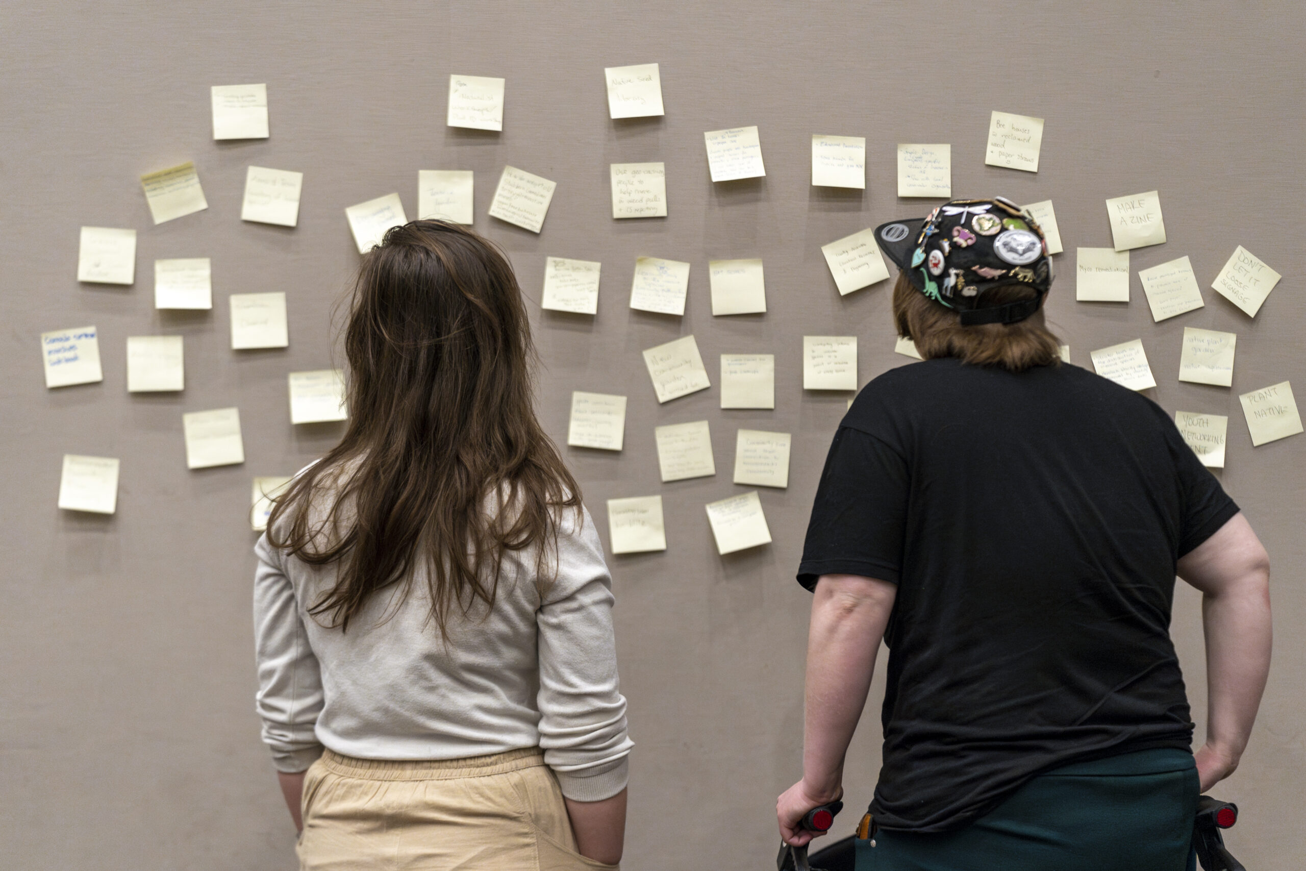 People staring a wall of sticky notes